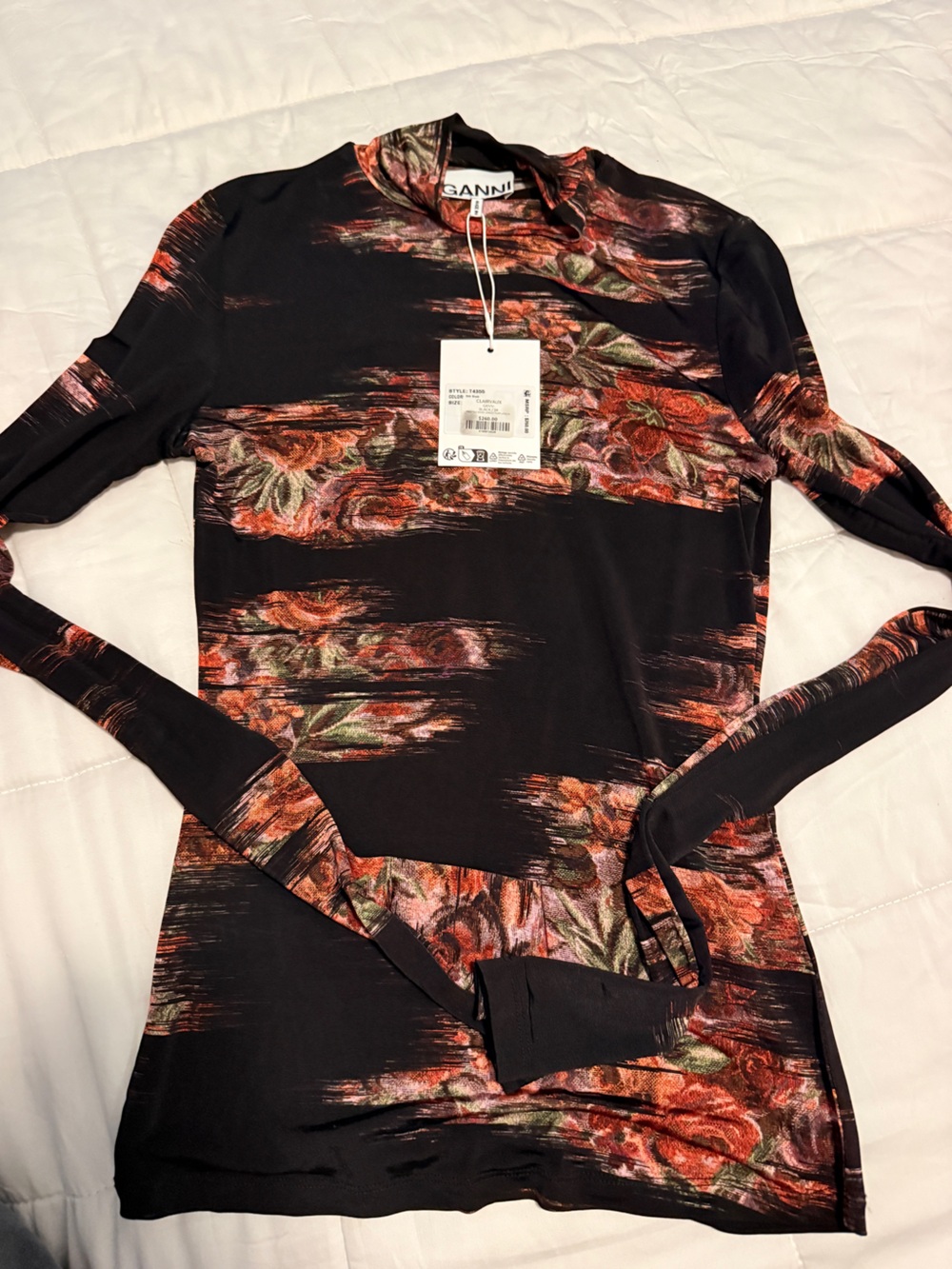 Ganni Black Top with Red-Orange Floral Print XS